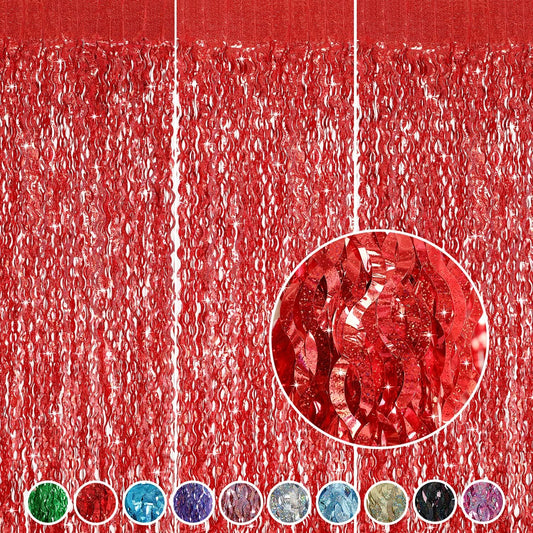 3 Pack Red Backdrop Curtain - CYLMFC 3.3 ft x 6.6 ft Foil Backdrop Curtain Streamers Birthday Decorations for Birthday Party Christmas Graduation Decor