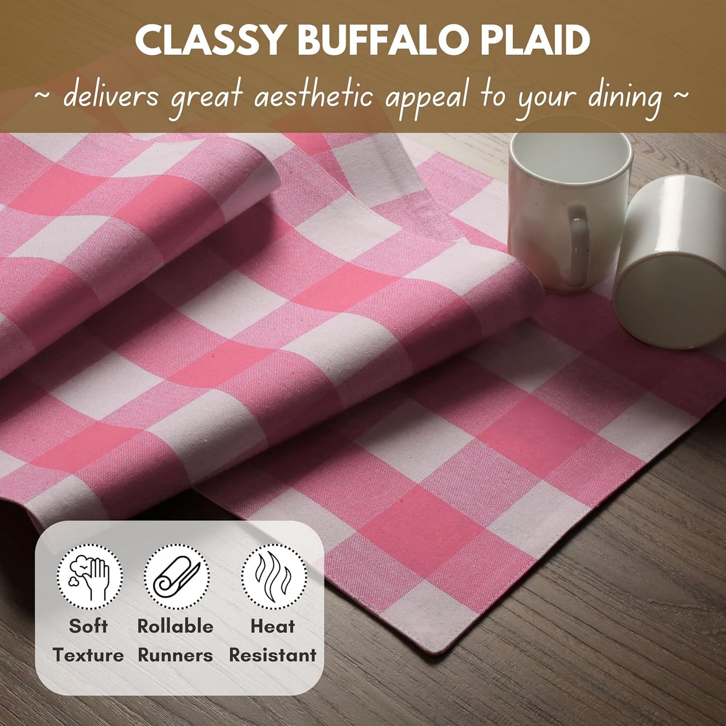 Native Fab Table Runner Buffalo Check Plaid 100% Cotton - 13x90 Inches Kitchen Dining Table Decoration for Indoor Outdoor Farmhouse Home Party Decor - Pink and White