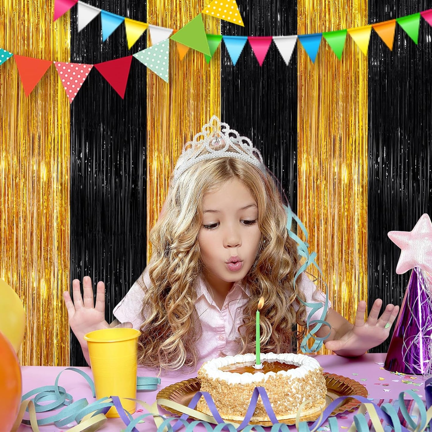 Black Gold Streamer Tinsel Foil Fringe Curtains Streamer 2Pack 3.3X 8.3Ft Streamer Tinsel Streamer Curtains for Birthday Party Decors Wedding Bachelorette Bridal Shower Xmas Decors Streamers