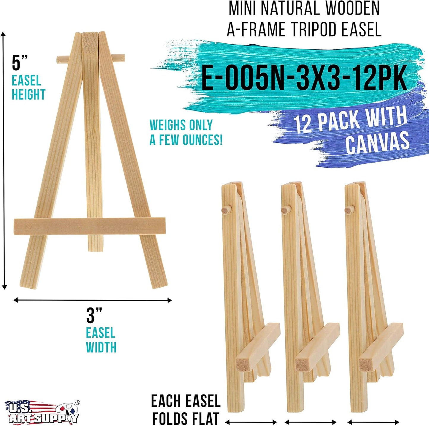 U.S. Art Supply 3" x 3" Stretched Canvas with 5" Mini Easel Kit (12 Pack) - Natural Wooden A-Frame Tabletop Display Stand, Mini Easel Stand - Small Easels for Display, Small Canvases, Crafts, Photos