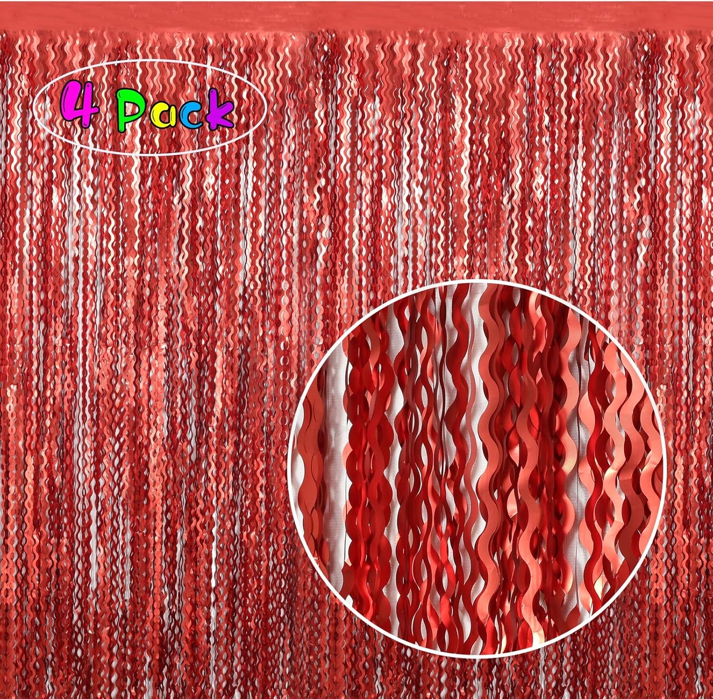 4 Pack Red Streamers Party Decorations - 3.3x6.6ft Foil Curtain Background for Birthday Decorations | Wedding | Halloween | Christmas Party Decoration | Red Tinsel Backdrop