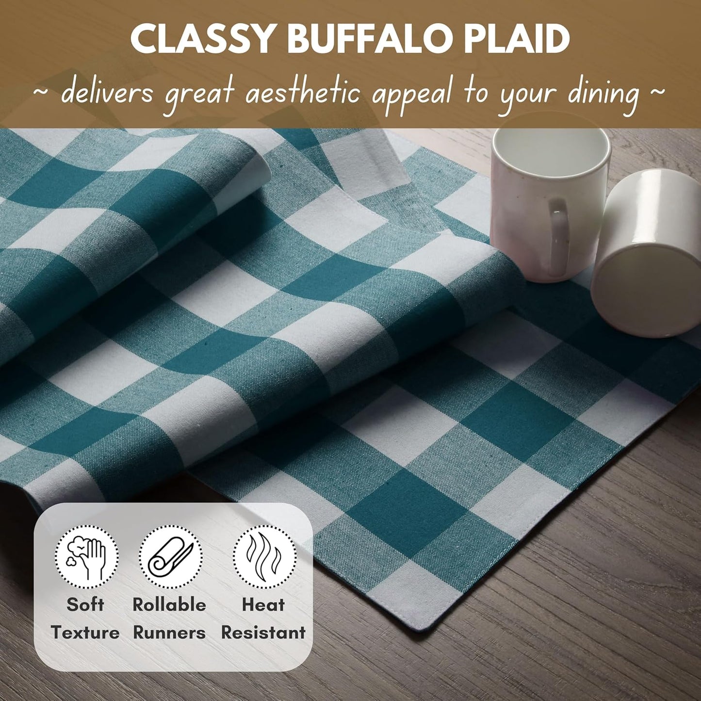 Native Fab Table Runner Buffalo Check Plaid 100% Cotton - 13x90 Inches Kitchen Dining Table Decoration for Indoor Outdoor Farmhouse Home Party Decor - Teal Green and White