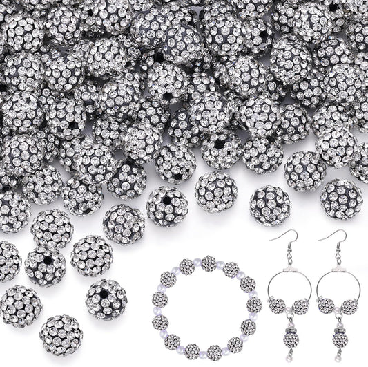 100pcs 10mm Rhinestone Beads for Jewelry Making, Black White Shiny Round Shamballa Disco Ball Beads, Sparkle Crystal Clay Christmas for Bracelet Baseball Necklace Earring Crafting and DIY