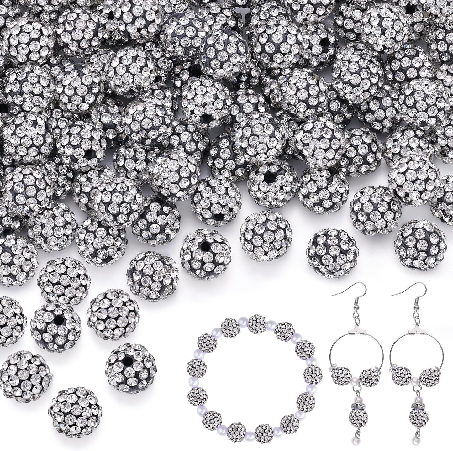 200pcs 10mm Black White Rhinestone Beads for Jewelry Making, Shiny Round Shamballa Disco Ball Beads, Sparkle Crystal Clay Christmas for Bracelet Baseball Necklace Earring Crafting and DIY
