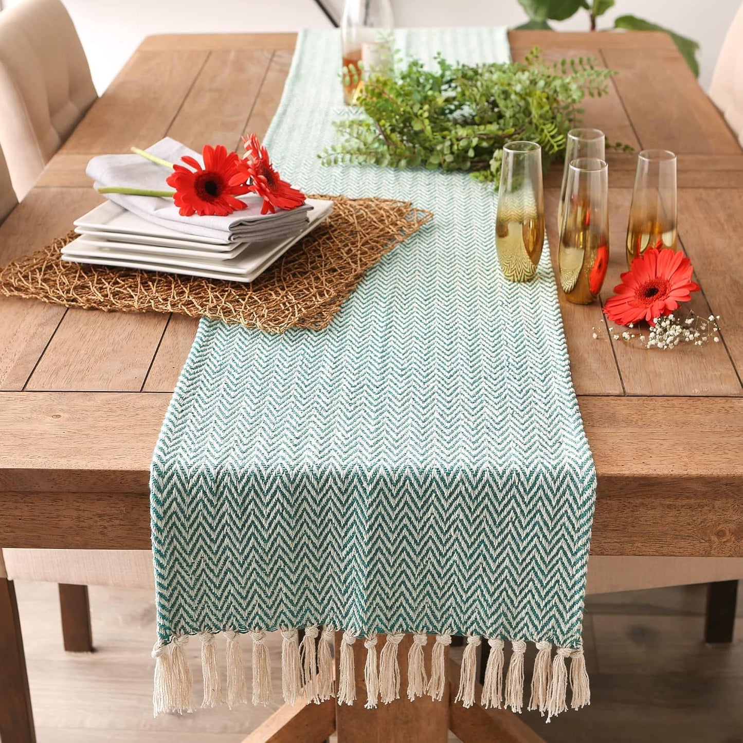 DII Woven Basic Tabletop Collection Chevron Table Runner, 15x72, Teal