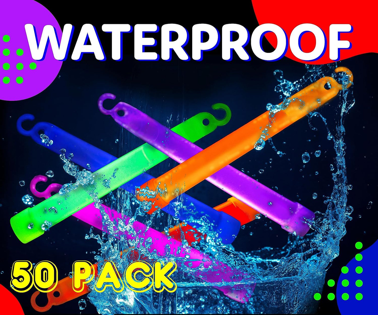 PartySticks Glow Sticks Party Supplies for Kids and Adults (50pk Assorted) - 6 Inch Bulk Glow Light Up Sticks Party Favors, Glow in the Dark Party Decorations, Waterproof Nontoxic Glow Necklaces