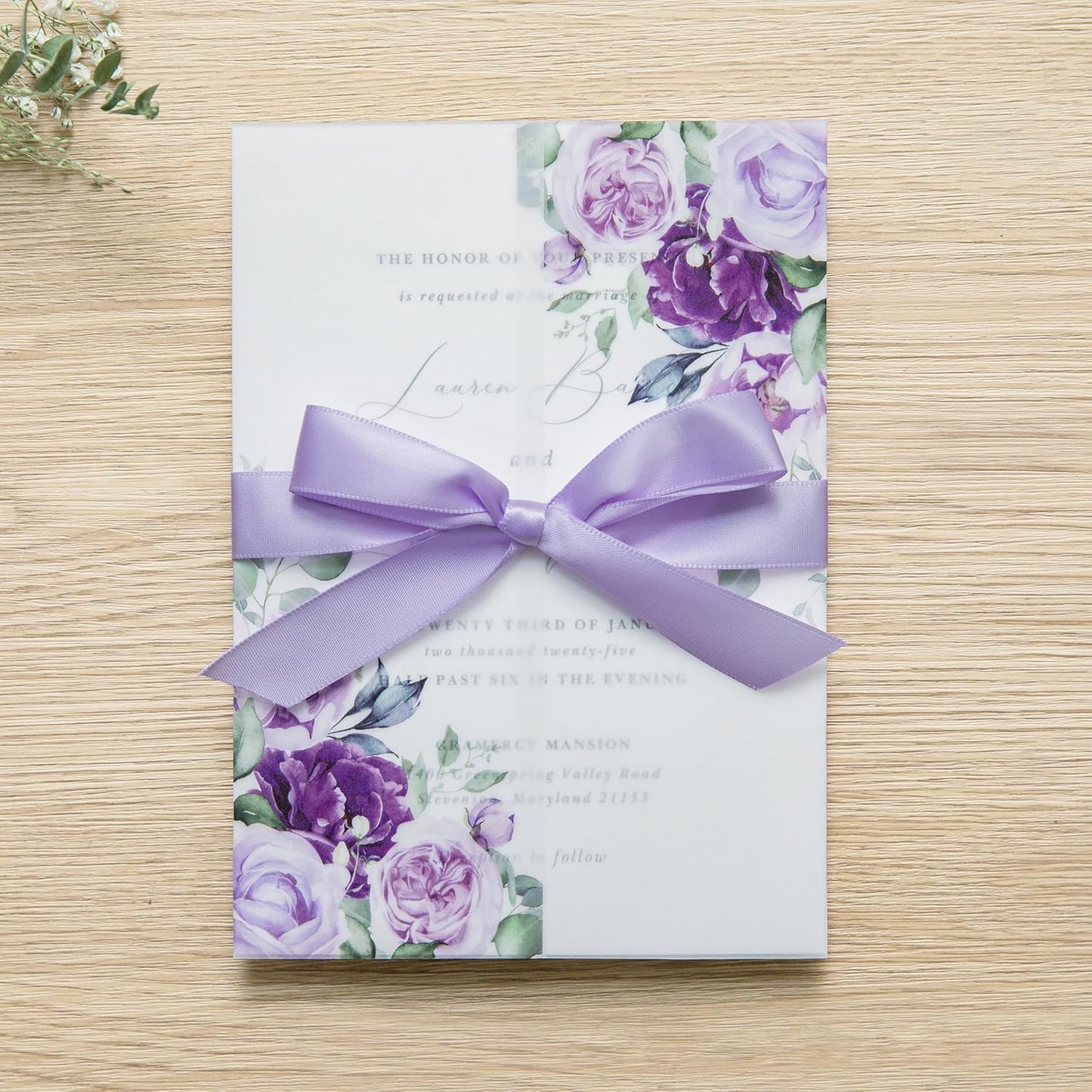 PONATIA 50 PCS Purple Vellum Jackets for 5x7 Invitation Cards- 135GSM Lilac Floral Printed Vellum Sleeves, Quinceanera Wedding Invitation Cards Wraps, Transparent Christmas Gift Cards Jackets