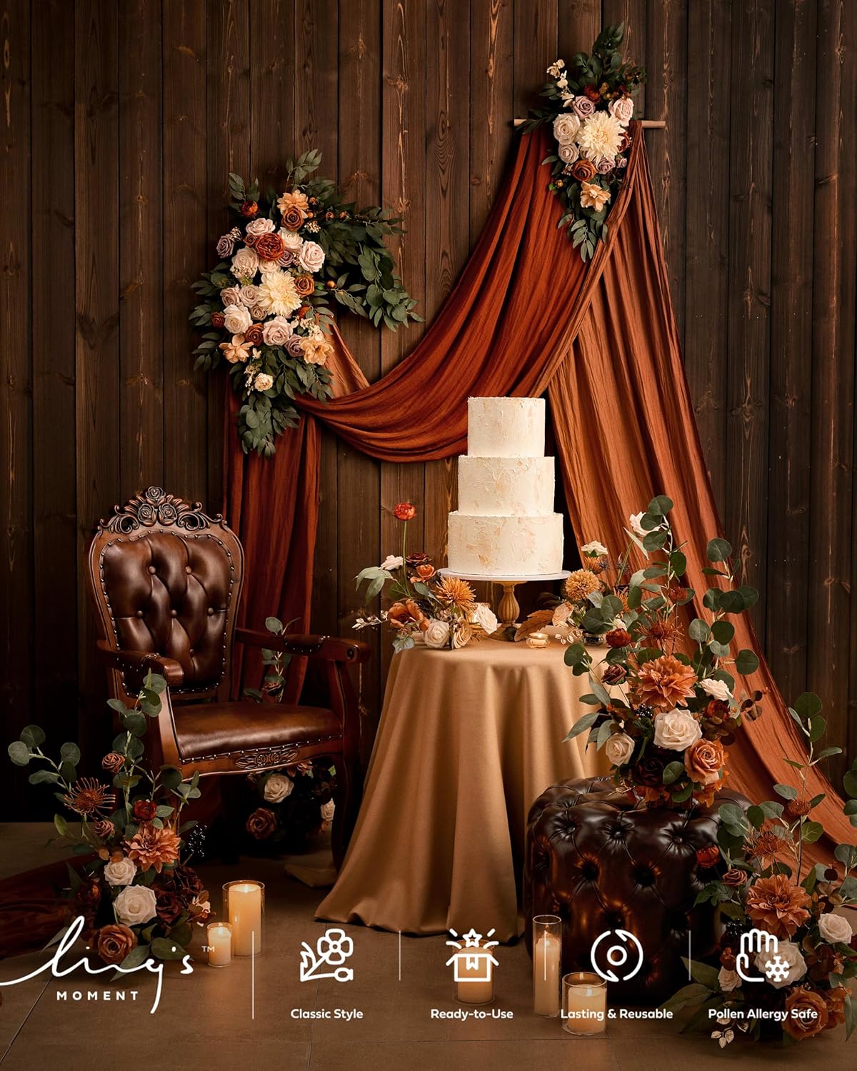 Ling's Moment Fall Artificial Wedding Arch Flowers Kit Pack of 4, 2pcs Hanging Flower Arrangement 2pcs Drapes Ceremony Rose Arbor Backdrop Brunt Orange Terracotta Floral Party Autumn Outdoor Decor