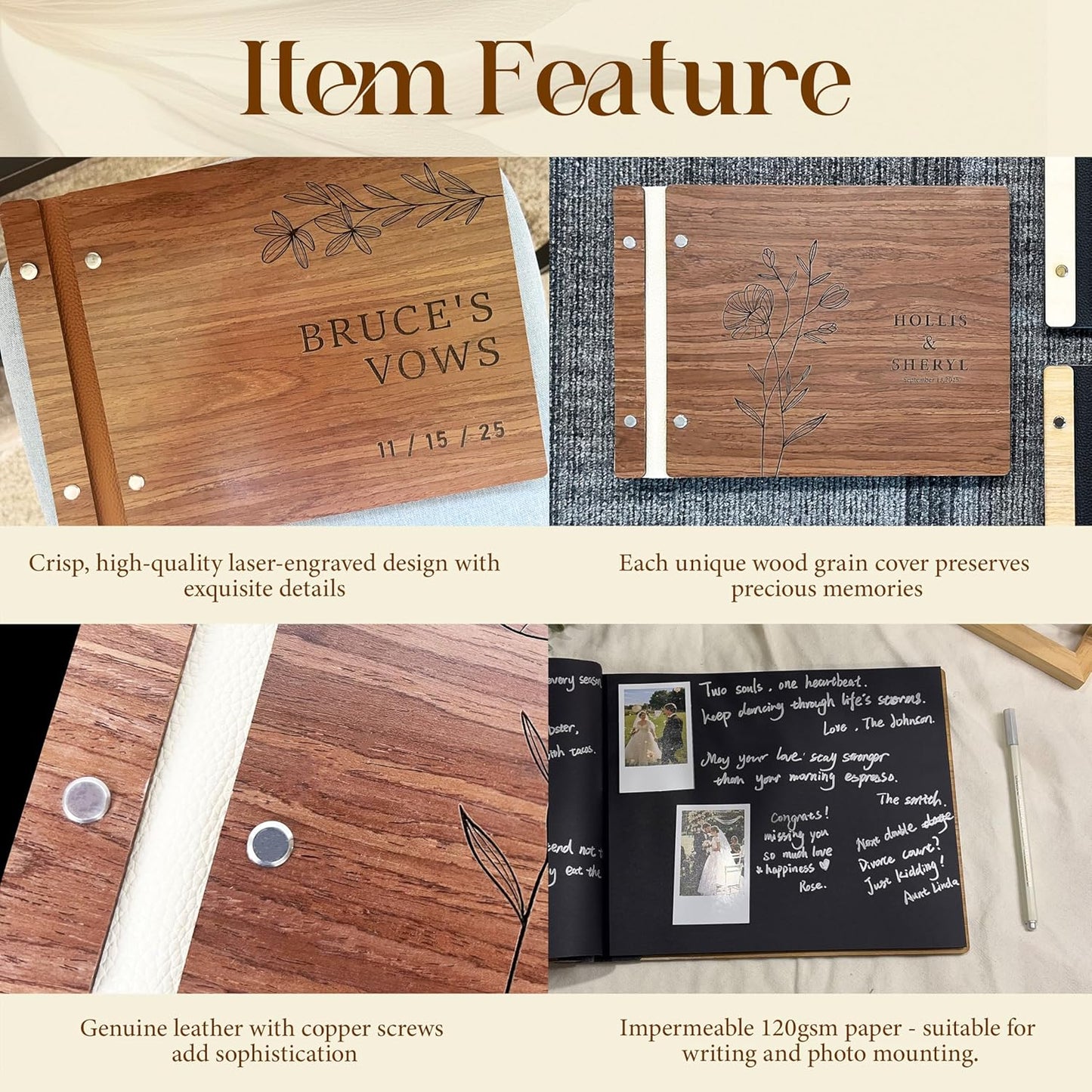 Customized Wooden Guest Book for Weddings, Funerals & Events - Personalized Keepsake Memory Book with Engraved Name & Design (A4-8.27×11.69inch)