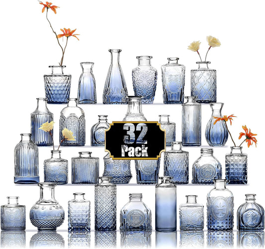 Arme Bud Vases Set of 32, Blue Vase for Centerpieces, Clear Bud Vase in Bulk, Mini Flower Vintage Cute Vases for Centerpieces, Small Glass Vases for Wedding Decor, Home Table Flower Décor
