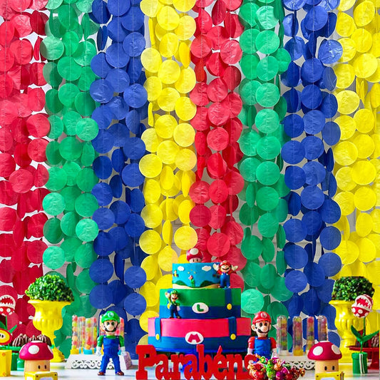 205Ft Super Mario Party Decorations Red Green Blue Yellow Big Polka Dot Tissue Paper Backdrop Streamer Circle Dot Hanging Garland for Birthday Baby Shower Carnival Circus Clown Fiesta Colorful Party