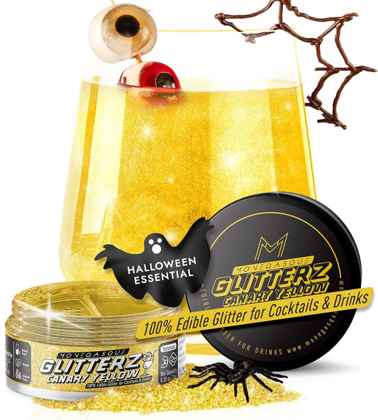 MONÉGASQUE Canary Yellow Edible Glitter for Drinks 10g – Yellow Edible Glitter for Cakes & Cocktails – Halloween Cocktail Drink Shimmer Flakes - Food Decorating & Cake Decorations Spray Dust