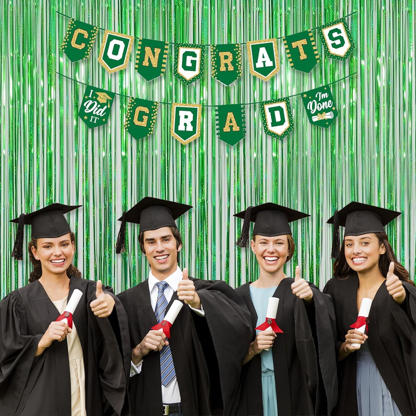 Foil Fringe Curtains April fool's Day Decorations - Melsan 3 Pack 3.2 x 8.2 ft Green Tinsel Curtain Party Photo Backdrop for Birthday Party Baby Shower or Graduation Decorations