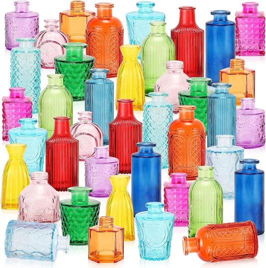 Yaomiao 60 Pcs Vases Bulk Colored Flower Glass Vases Bud Vintage Colored Glass Bottles Colorful Rustic Embossed for Home Wedding Table Decorations Gifts(Vivid Color)