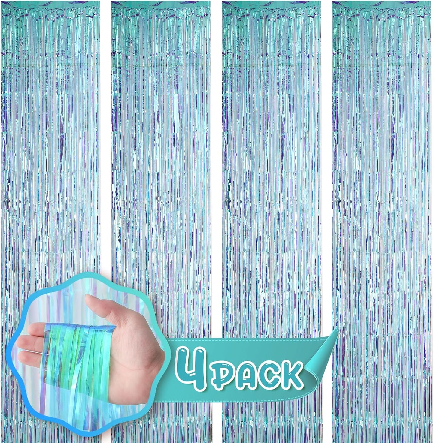 4 Pack 3.3x8.2 Feet Neon Iridescent Foil Fringe Backdrop Curtains, Tinsel Streamers Birthday Party Decorations, Fringe Backdrop for Graduation, Baby Shower, Gender Reveal, Disco Party