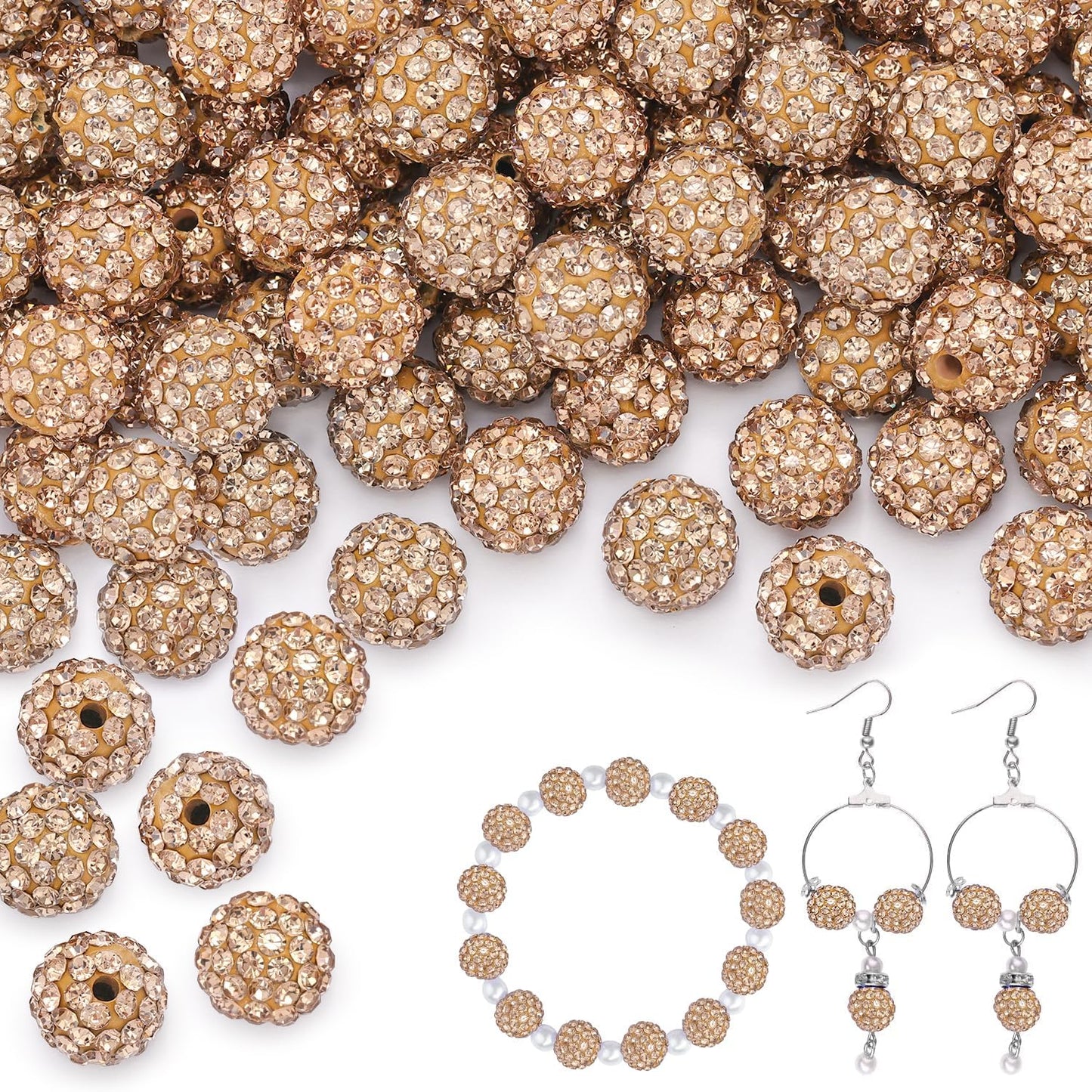 200pcs 10mm Light Brown Rhinestone Beads for Jewelry Making, Shiny Round Shamballa Disco Ball Beads, Sparkle Crystal Clay Christmas for Bracelet Baseball Necklace Earring Crafting and DIY