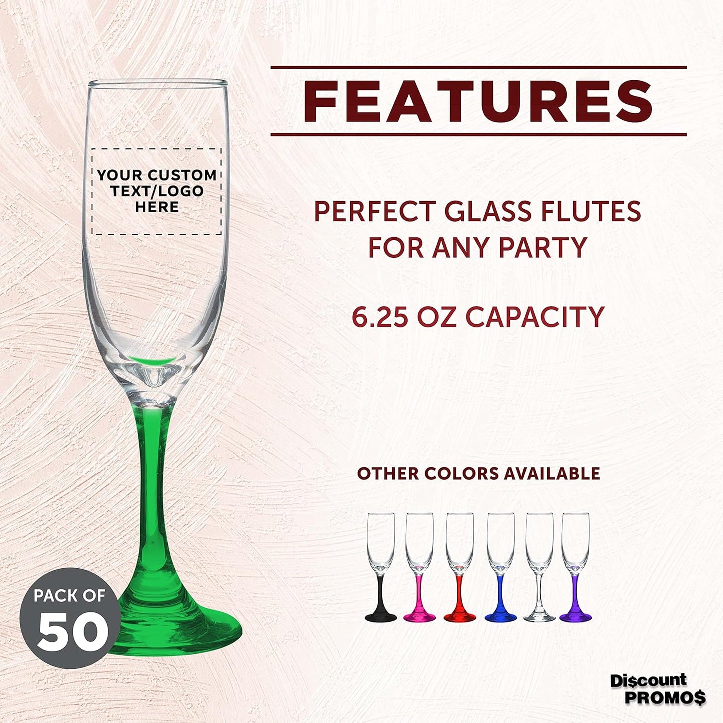 DISCOUNT PROMOS Custom Premiere Champagne Flutes 6.25 oz. Set of 50, Personalized Bulk Pack - Elegant Drinkware for Weddings, Events, & Promotional Gifts - Green