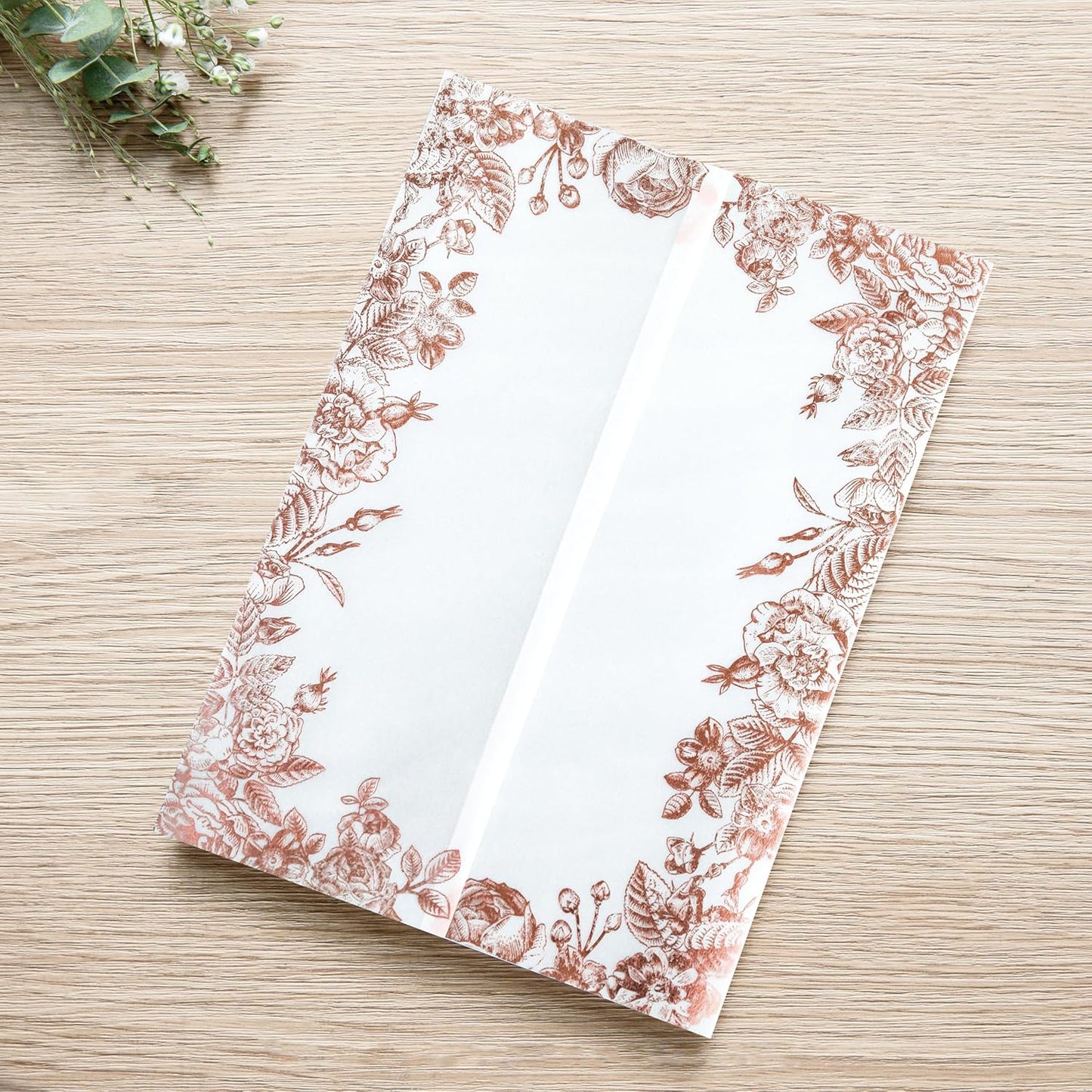 PONATIA 50 PCS Vellum Jackets for 5x7 Wedding Invitation Cards- 135gsm Floral Printed Vellum Sleeves, Invitation Cards Wraps (Rose Gold Foil)