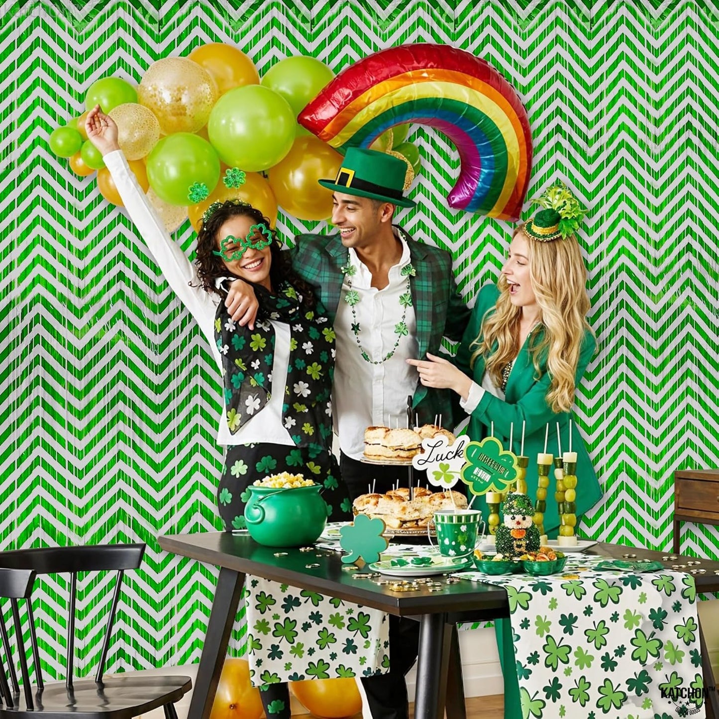 KatchOn, Green and White Foil Fringe Curtains - 6.5x6.5 Feet | Green Foil Fringe Curtain for Green and White Party Decorations, Graduation Decorations 2025 | Forest Green Birthday Decoration