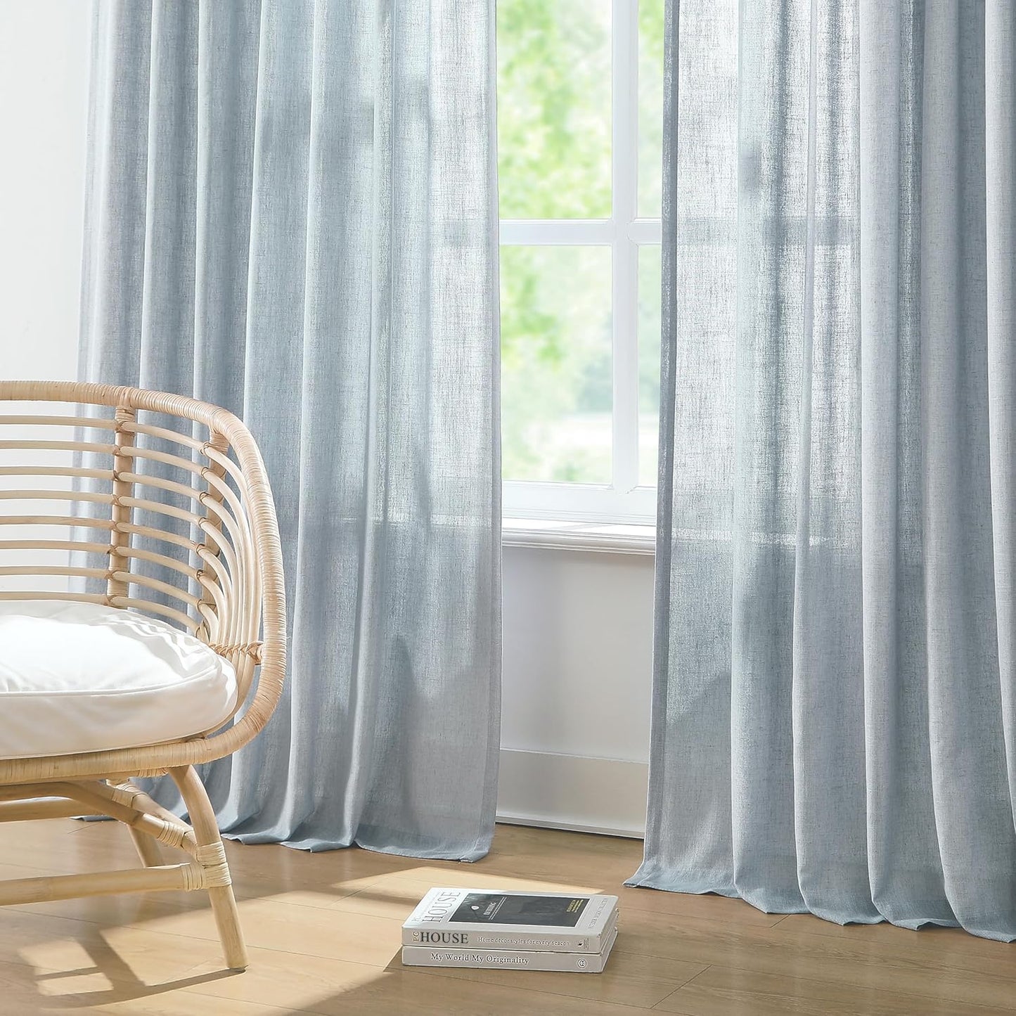 Vision Home Blue Fog Pinch Pleated Semi Sheer Curtains Textured Linen Blended Light Filtering Window Curtains 84 inch for Living Room Bedroom Pinch Pleat Drapes with Hooks 2 Panels 40" Wx84 L