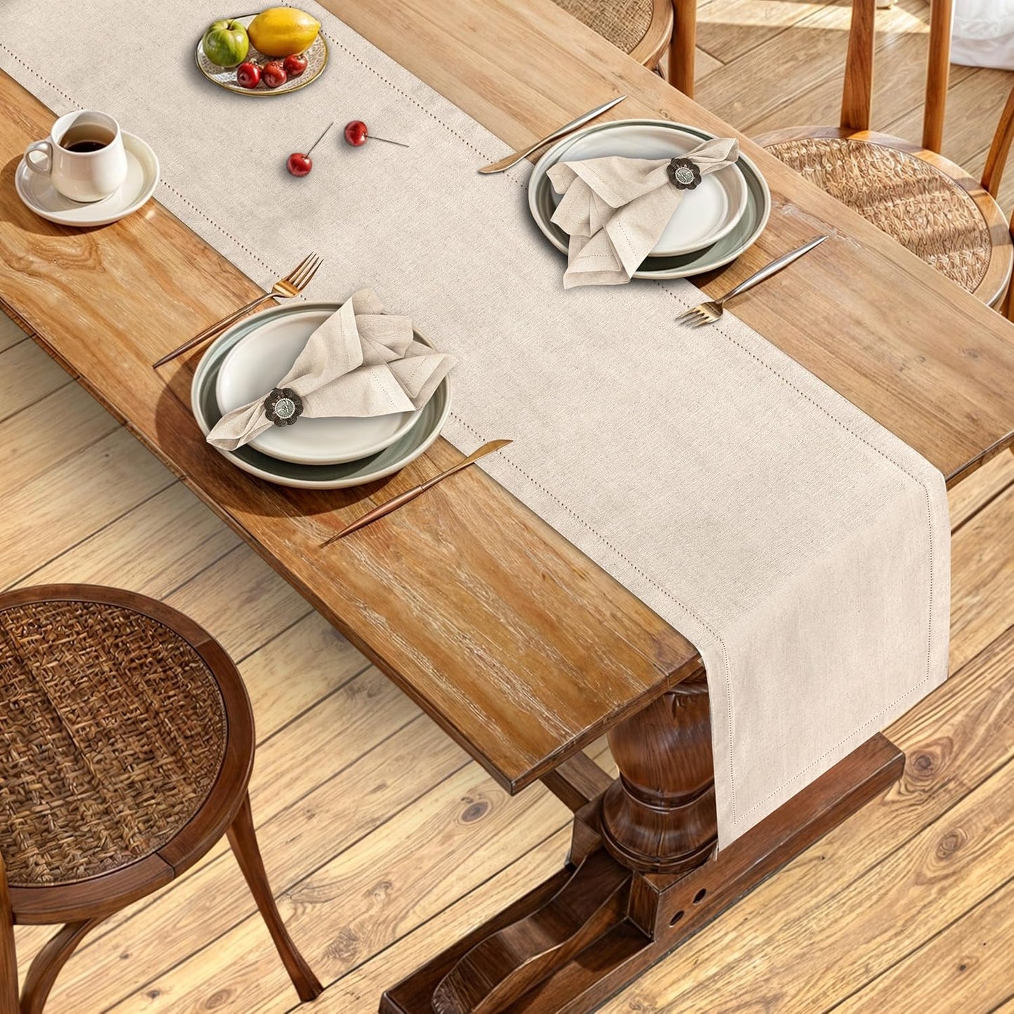 Ruvanti Linen Table Runner 72 Inches, Classic Hemstitch, Washable, Reusable, Non-Slipping, Stain Resistant- Perfect for Parties, Weddings, Dinners, Thanksgiving, Christmas, Indoor use – Natural