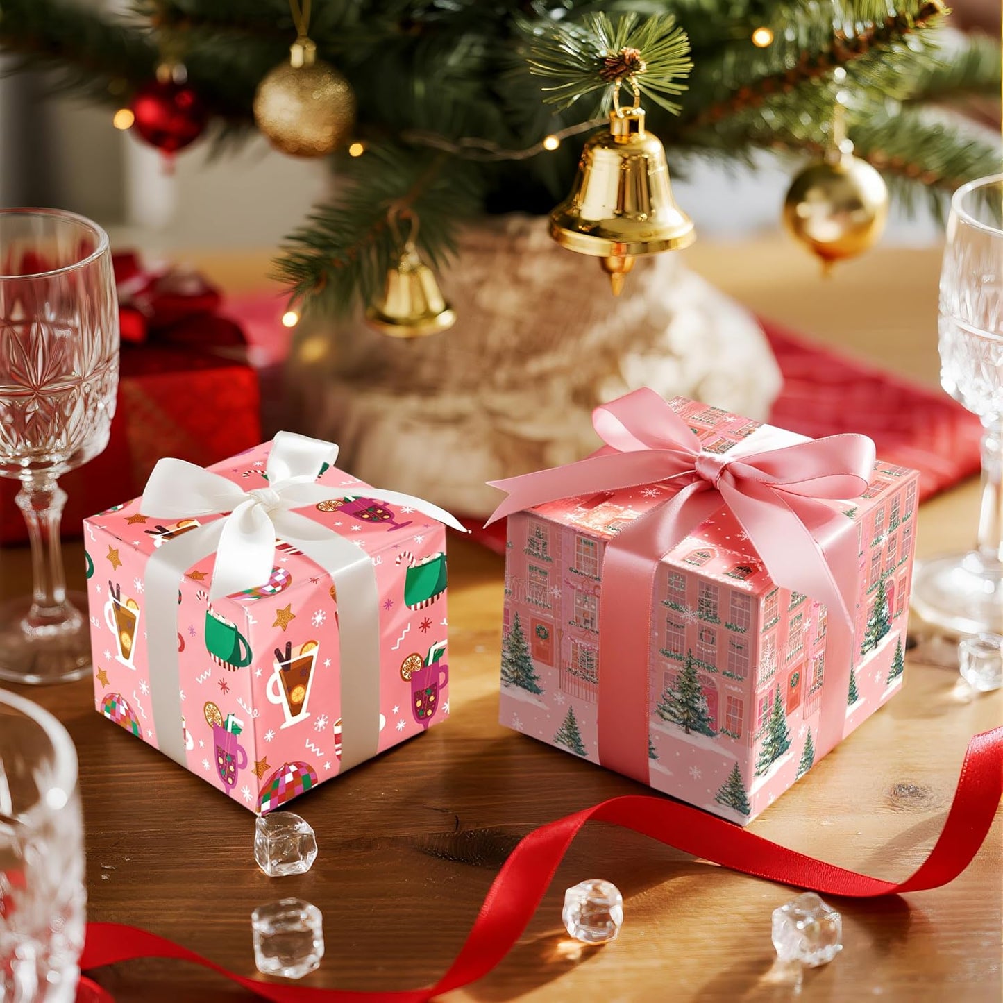 LeZakaa Pink Christmas Wrapping Paper Roll for Girls Kids, Winter Street Scene Romantic Townhouse with Snowflakes for Holiday Gifts, Family Friends, Winter Wonderland, Mini Roll 17 in x 16.4 Ft