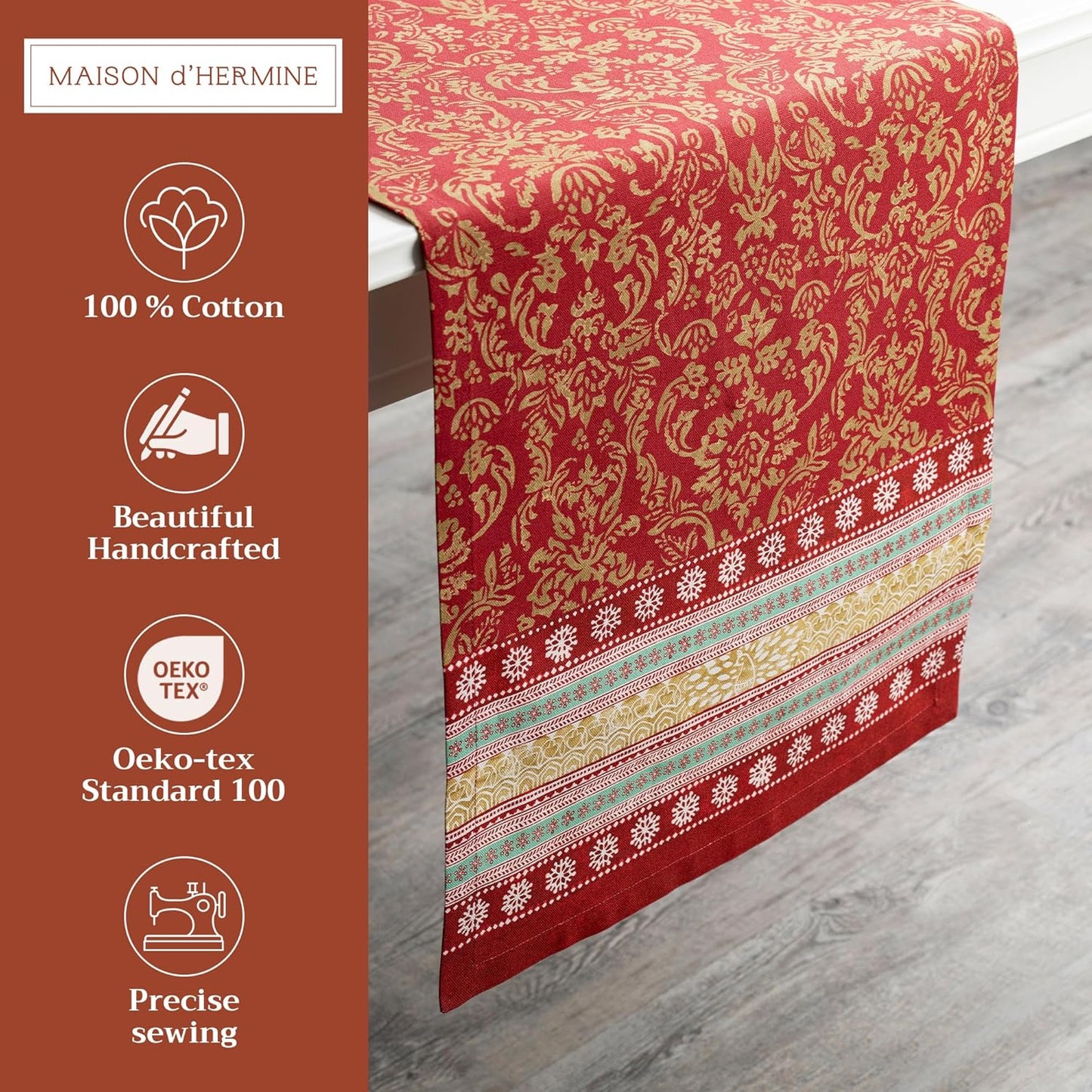 Maison d' Hermine Table Runner 100% Cotton Single Layer Table Runners 72 inches Long for Thanksgiving Christmas Decorations Home Kitchen Dining Party Wedding (Sofia, 14.5" x 72")