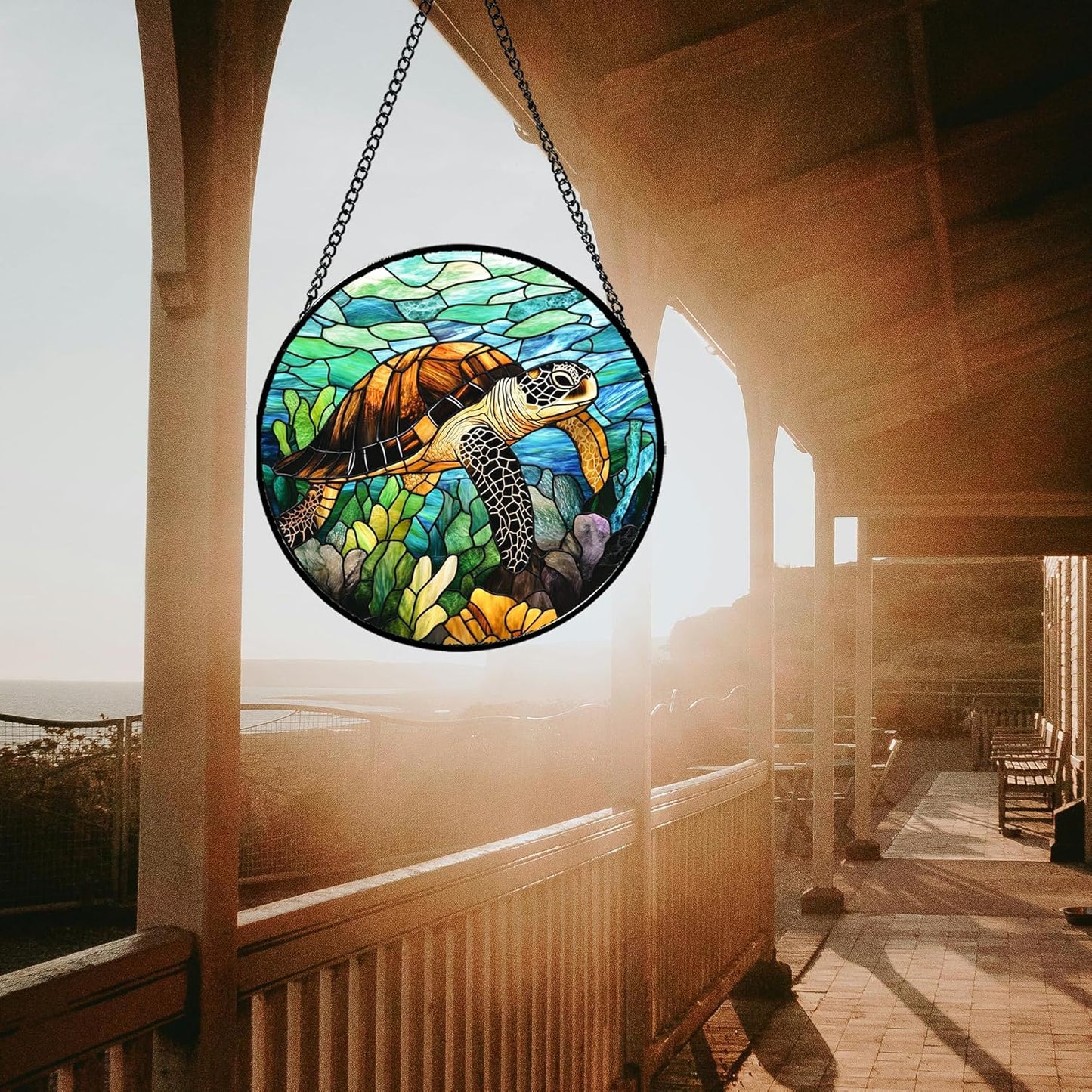 Stained Glass Window Hanging - Cute Sea Turtle Suncatcher for Door Garden Yard Blue Ocean Sun Catchers Decor Christmas Mother's Day Birthday Children's Gifts for Women Mom Nana Friend 15 in
