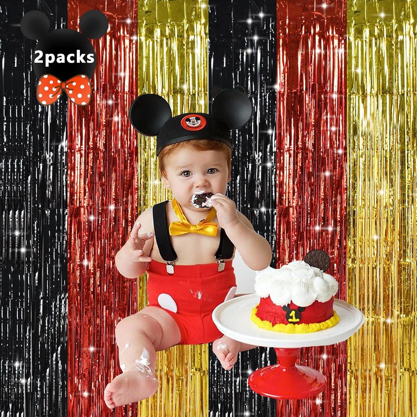 TONIFUL Black Red Gold Door Streamers,Black Red and Gold Photo Booth Backdrop Metallic Streamers Foil Fringe Curtain for Mouse Themed Birthday,New Year,Graduation,Baby Shower Party Decoration