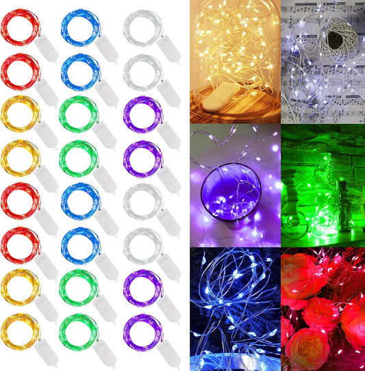 WATERGLIDE 24 Pack Fairy Lights Battery Operated (Included), 7 ft 20 LED Mini String Lights, Waterproof Silver Wire Firefly Starry Lights for DIY Wedding Christmas Party Mason Jars Decor, Multicolor