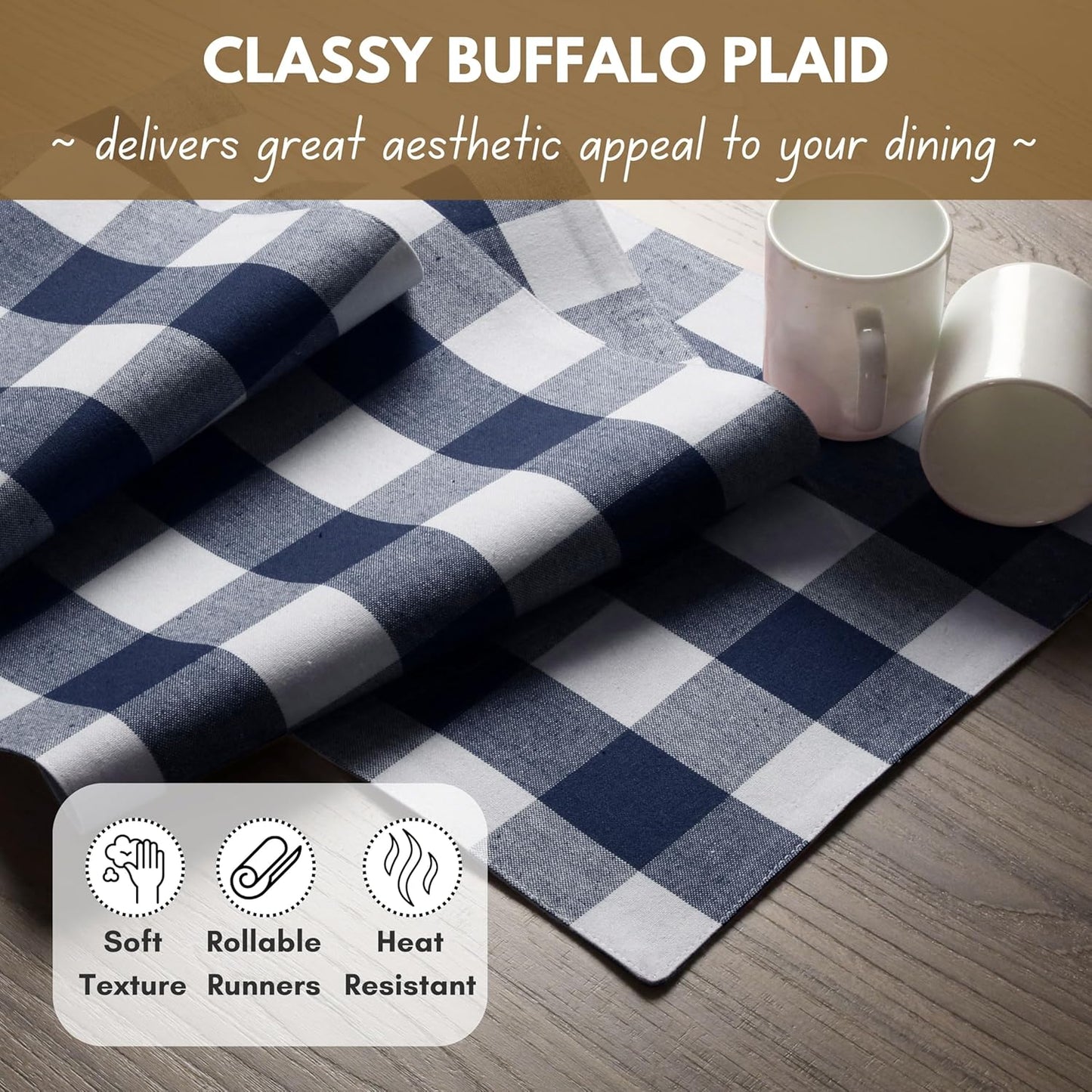 Native Fab Table Runner Buffalo Check Plaid 100% Cotton - 13x90 Inches Kitchen Dining Table Decoration for Indoor Farmhouse Home Decor - Navy Blue and White