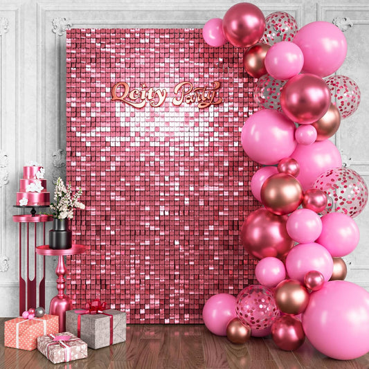 Qcity Pink Shimmer Wall Backdrop 24PCS, Black Back Not See-Through Design, Square Sequin Glitter Backdrop Panel, Perfect for Outdoor Events, Birthdays, Wedding and Party Decoration