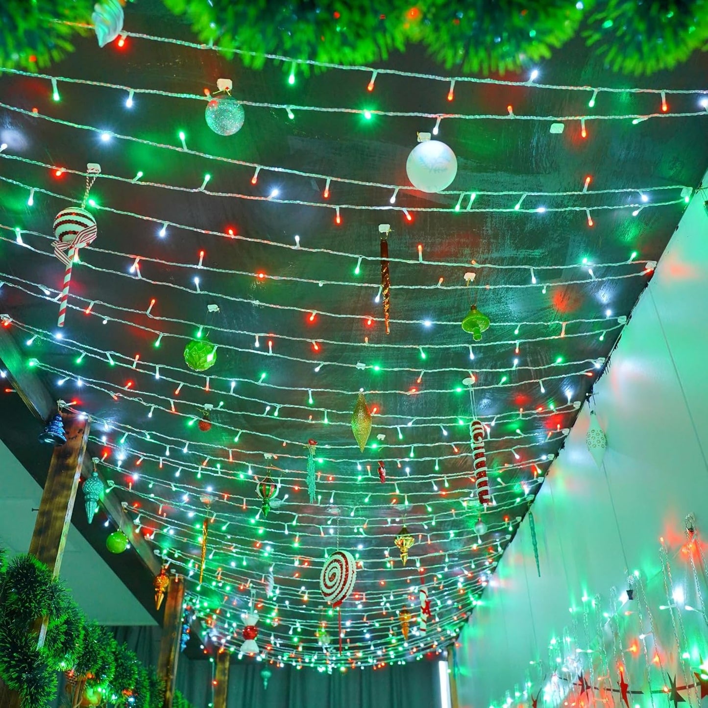 YEGUO 165ft 500 LED Christmas Lights Outdoor Waterproof, Clear Wire String Lights Indoor Plug in, 8 Modes Clear Wire Twinkle Tree Light for Xmas Party Garden(Red White and Green)