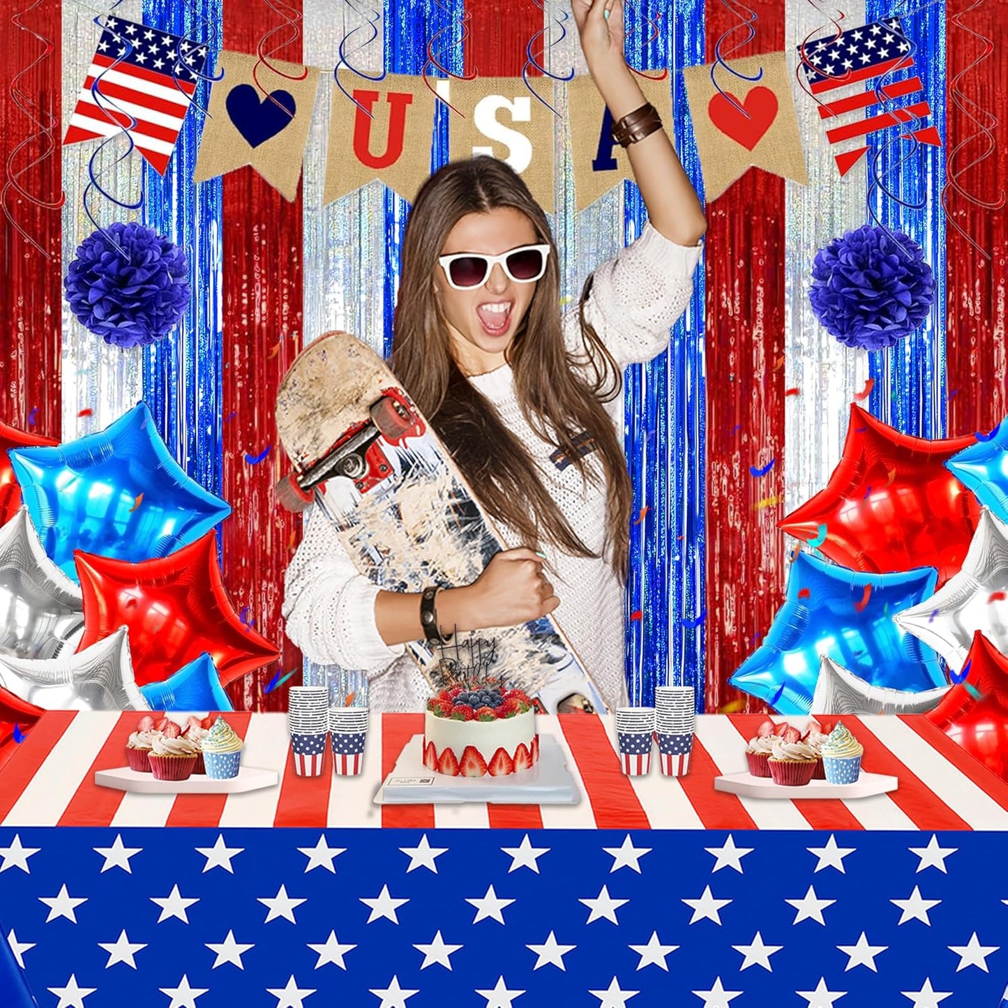 Melsan 2 Pack 3.2 ft x 8.2 ft Tinsel Foil Fringe Curtains Backdrop, Sparkle Metallic Tinsel Foil Curtains for 4th of July Independence Day Patriotic Decorations Party Photo Booth Props, Navy