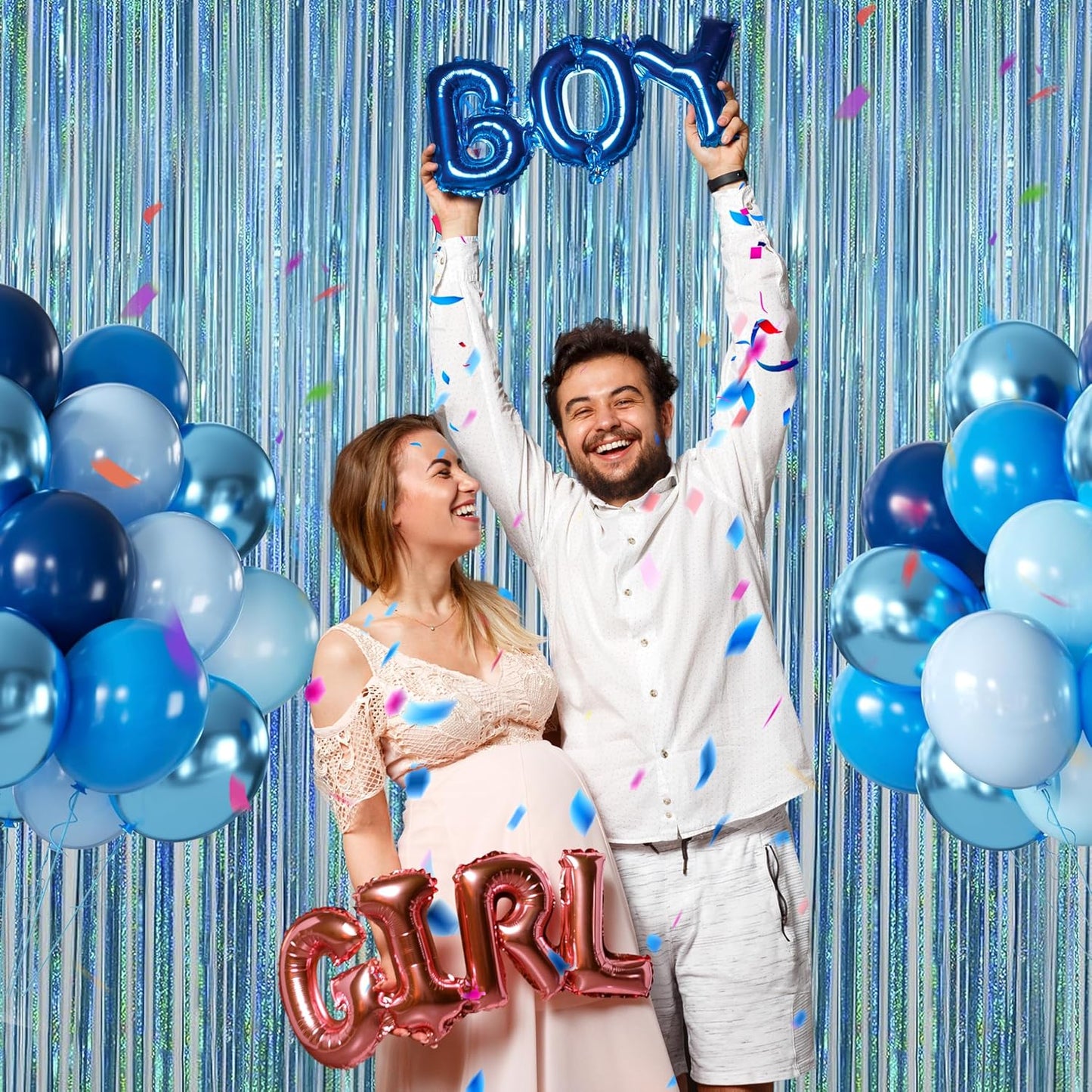 Melsan 2 Pack 3.2 ft x 8.2 ft Tinsel Foil Fringe Curtains Backdrop, Sparkle Metallic Foil Curtains for Party Photo Booth Props Baby Shower Memaid Decoration, Light Blue