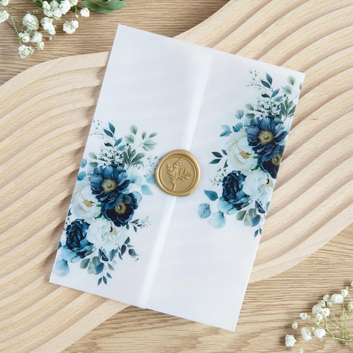 PONATIA 50PCS Vellum Jackets for 5x7 Invitation Cards- 135GSM Navy Blue Flowers Printed Wedding Invitations Wraps - Transparent Christmas Gift Cards