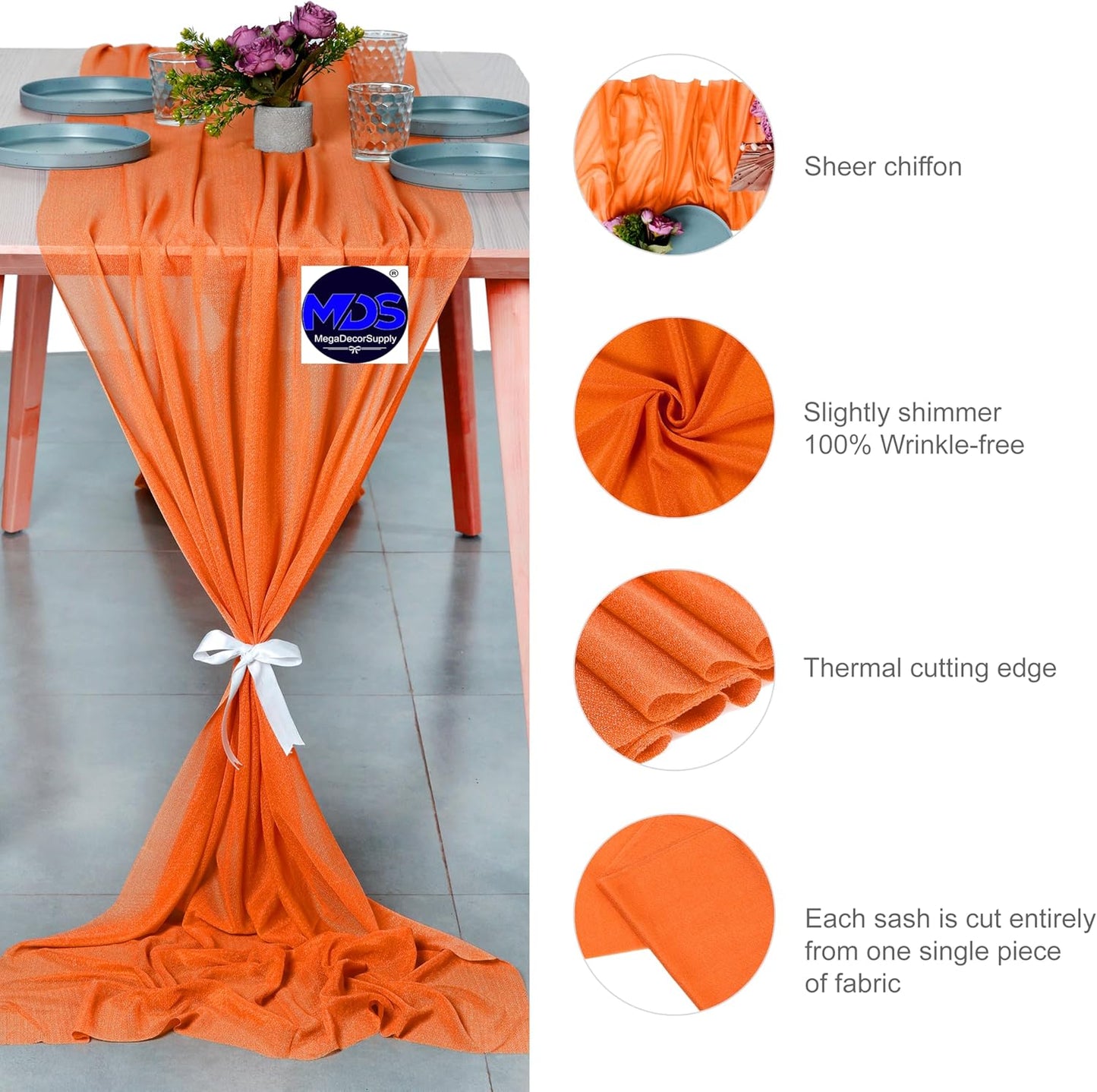 MDS 2 Pack 14ft Chiffon Table Runner 29 x 170 Inches Sheer Wedding Runner Romantic Rustic Table Runner for Wedding Decorations, Birthday Parties, Bridal Shower Party Arch Decor - Orange