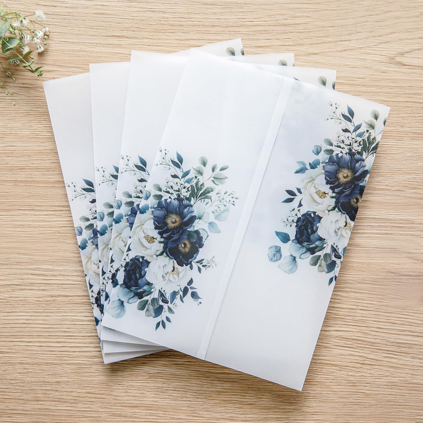 PONATIA 50PCS Vellum Jackets for 5x7 Invitation Cards- 135GSM Navy Blue Flowers Printed Wedding Invitations Wraps - Transparent Christmas Gift Cards