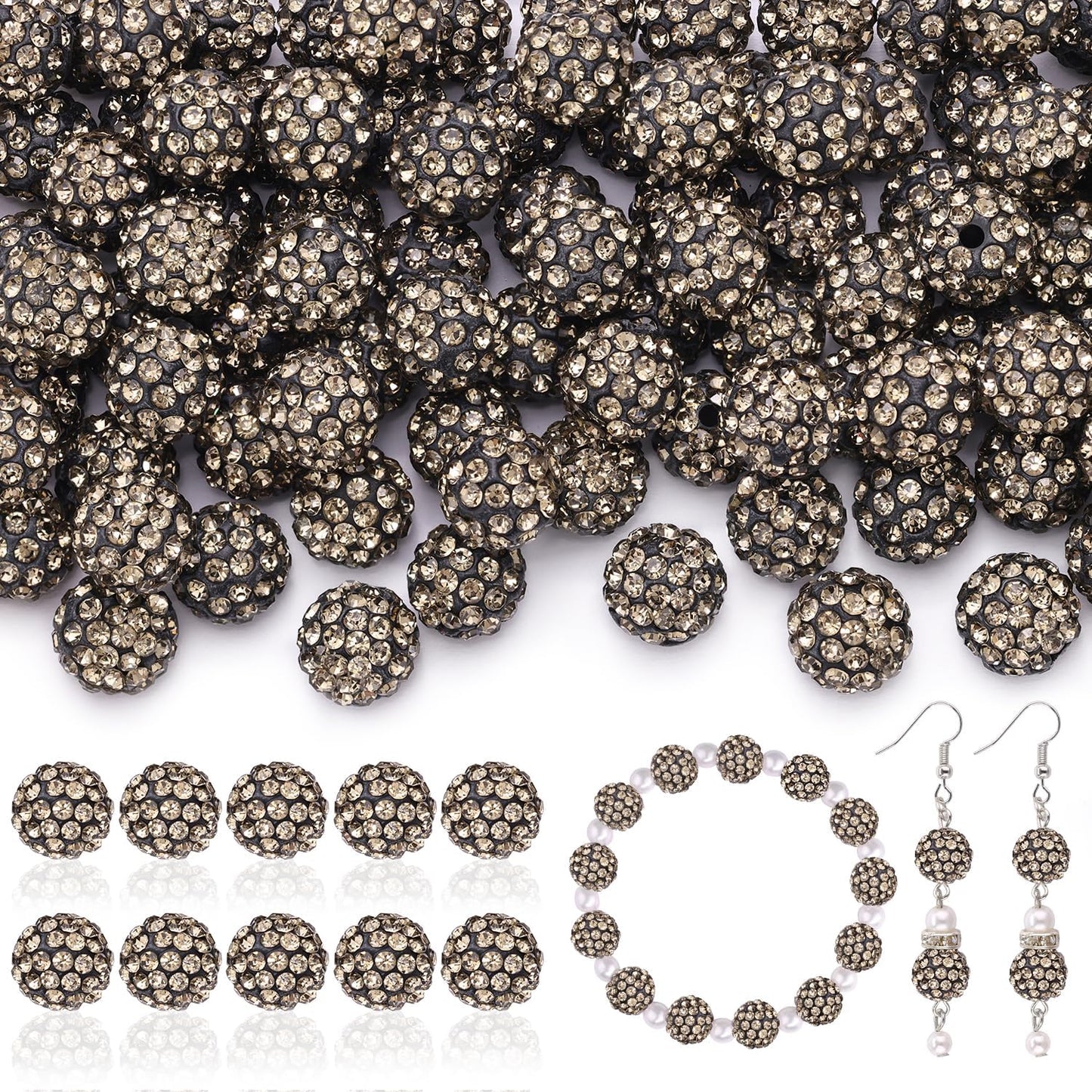105pcs 10mm Rhinestone Beads for Jewelry Making, Gray Shiny Round Disco Ball Beads Bulk, Sparkle Crystal Clay Christmas for Bracelet Baseball Necklace Earring Crafting and DIY