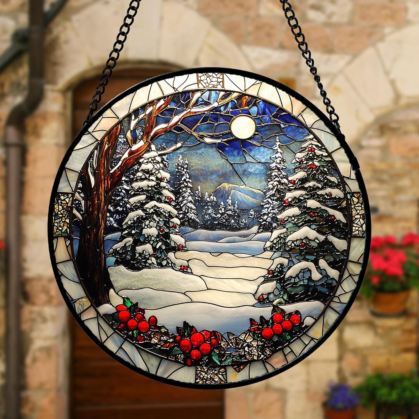 Stained Glass Window Hanging Christmas Tree Winter Snow Night Scenery 6.3" - Suncatcher Door Garden Kitchen Sun Catcher Home Decor Birthday for Mom Men Woman Friend