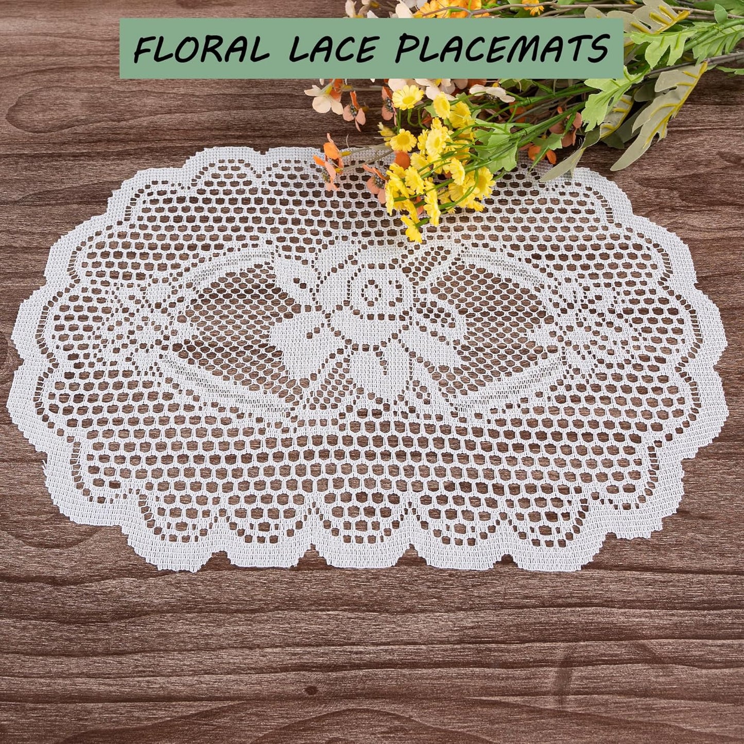 2PCS Oval Lace Placemats for Dining Table, White Lace Placemats Doilies, Embroidered Table Mats Farmhouse Cup Mat Vase Mat, 12x17 Inch