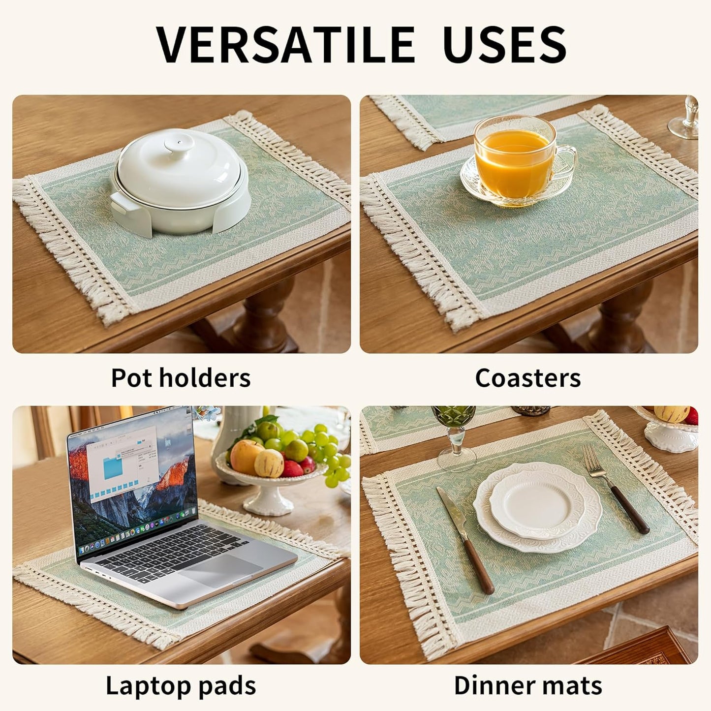 Placemats Set of 4,Waterproof Placemat with Tassel Fringe,Boho Placemats for Coffee Table Western Restaurant