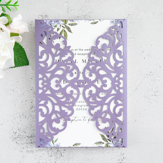 20Pcs Lilac Laser Cut Invitation Cards With Blank Inner Sheets for Wedding Cards Bridal Shower Engagement Quinceanera Invitation (No Envelopes)