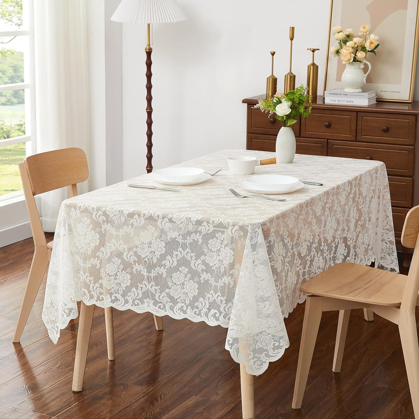 LinenZone Square Ivory Tablecloth for Rustic Vintage Decor. Sheer Lace Table Cloth Works Great As Wedding Tablecloth or Thanksgiving Table Cover. (Mia TC 60 x 60, Ivory)