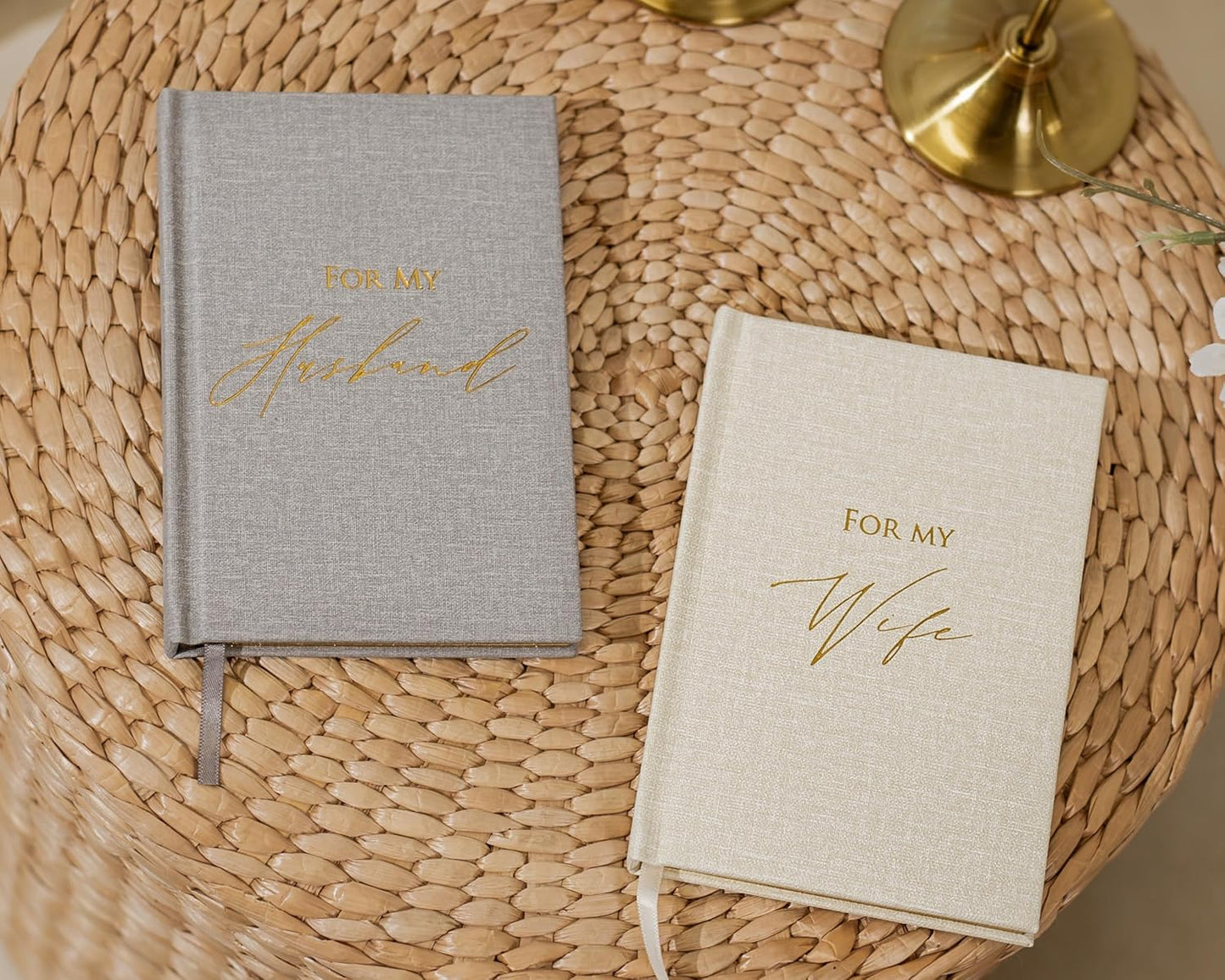 Hard Cover Vow Books (Set of 2) - For My Husband & For My Wife Grey & Cream Pocket Sized Foil Embossed Wedding Ceremony Vow Renewal Speech Notebook Planner, Gift for Bride & Groom Newly Engaged Couple