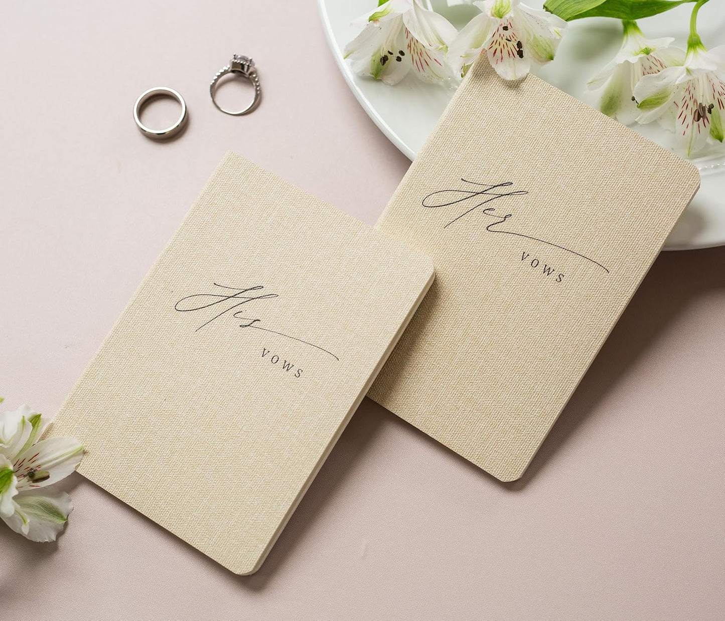 Slim Vow Books (Set of 2 - Design 5) - Soft Cream Canvas Linen Textured Cover Wedding Vow Booklets, Ceremony Speech Promise Notebook Journal, Gift for Newly Engaged Couple, 48 Lined Pages, 5.75" x 4"