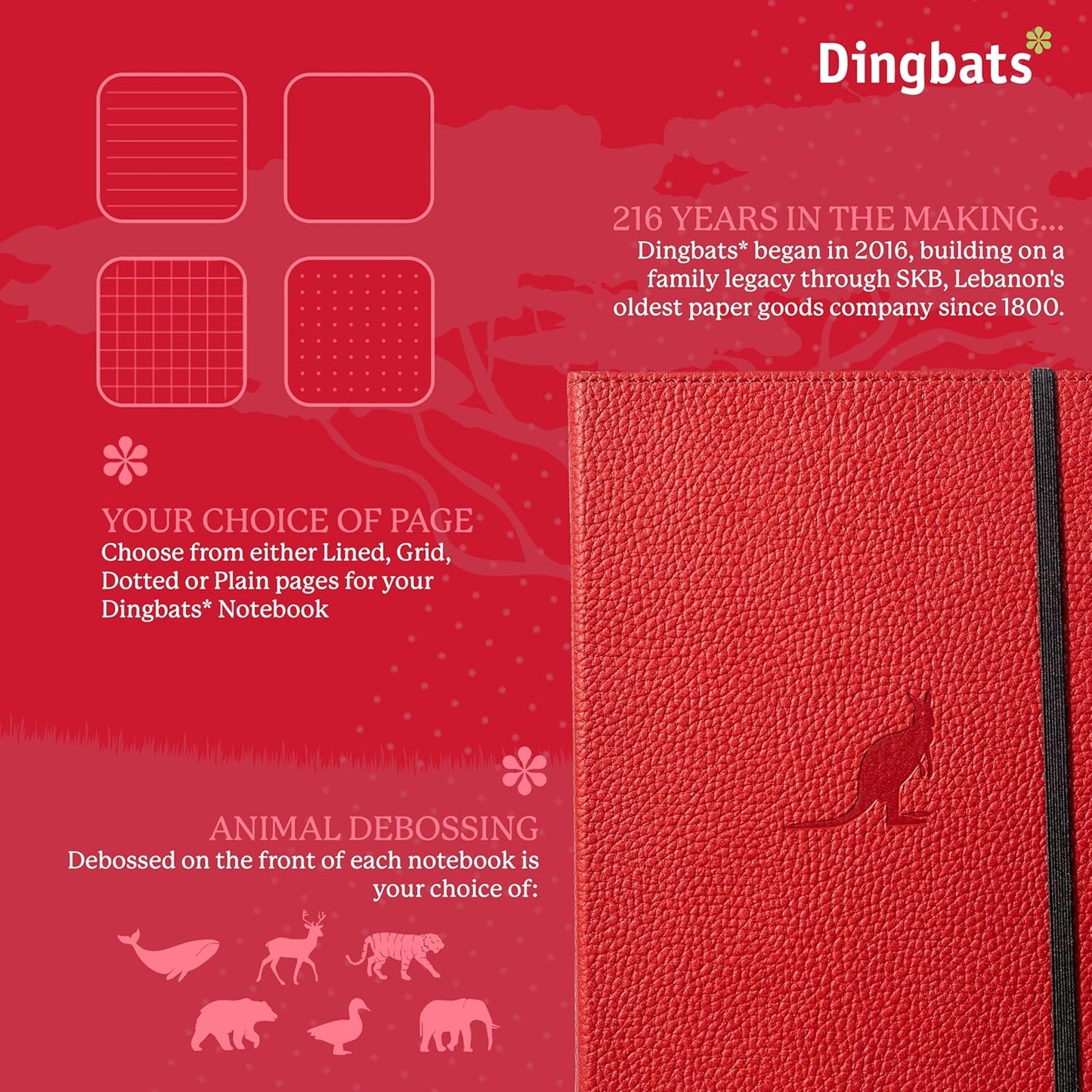 Dingbats* Wildlife Dotted Writing Journal Notebook A5 - Vegan Leather Hardcover - Ideal for Work, Travel - Pocket, Elastic Closure, & Bookmark