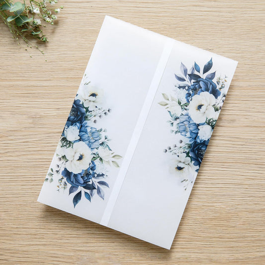 PONATIA 50PCS Vellum Jackets for 5x7 Invitation Cards- 135GSM Dusty Blue Flowers Vellum Sleeves, Wedding Invitations Wraps - Transparent Christmas Gift Cards Jackets
