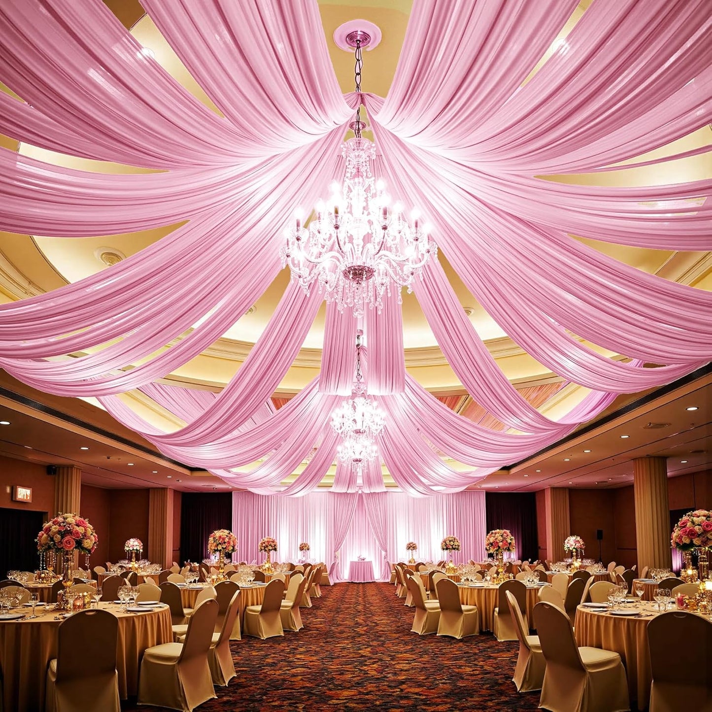 PartyVillage 10 Panels 5ftx30ft Baby Pink Ceiling Drapes for Wedding Parties – 30 FT Extra Long Thick Polyester Wrinkle-Free Drapery Tent Decor Decorations for Birthday Party Ceremony Stage Swag