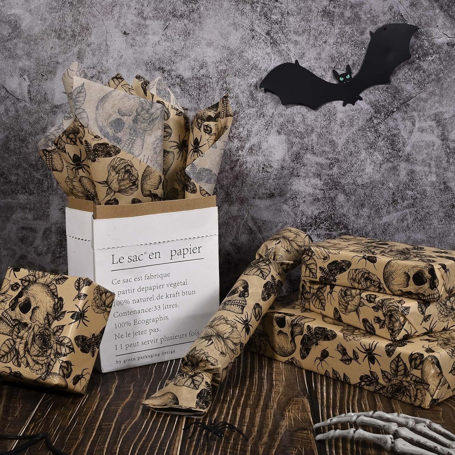 100 Sheets 20 * 14 Inches Vintage Halloween Tissue Paper Kraft Gothic Floral Skull Moth Spider Printed Tissue Paper for Gift Wrapping Spooky Decorative Tissue for Halloween Party DIY Craft Supplies